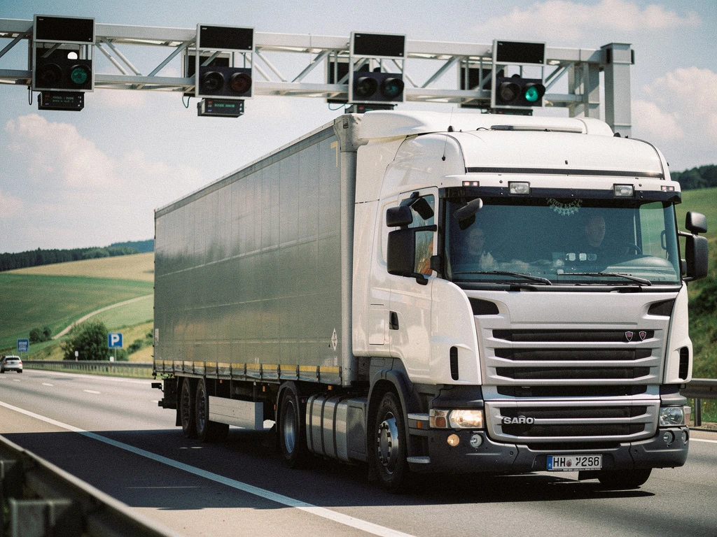 Vrachtwagen rijdt onder elektronische tolpoort op Europese snelweg met heuvels op de achtergrond