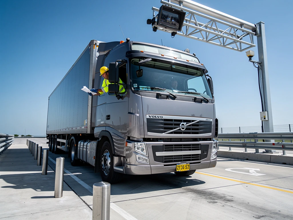 Vrachtwagen bij moderne weegstation met elektronische tolscanner, chauffeur in veiligheidsvest controleert papieren