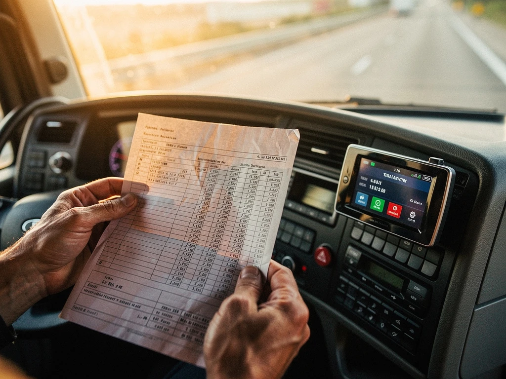 Vrachtwagenchauffeur houdt betalingsschema vast in cabine met digitaal tolbetalingsapparaat op dashboard