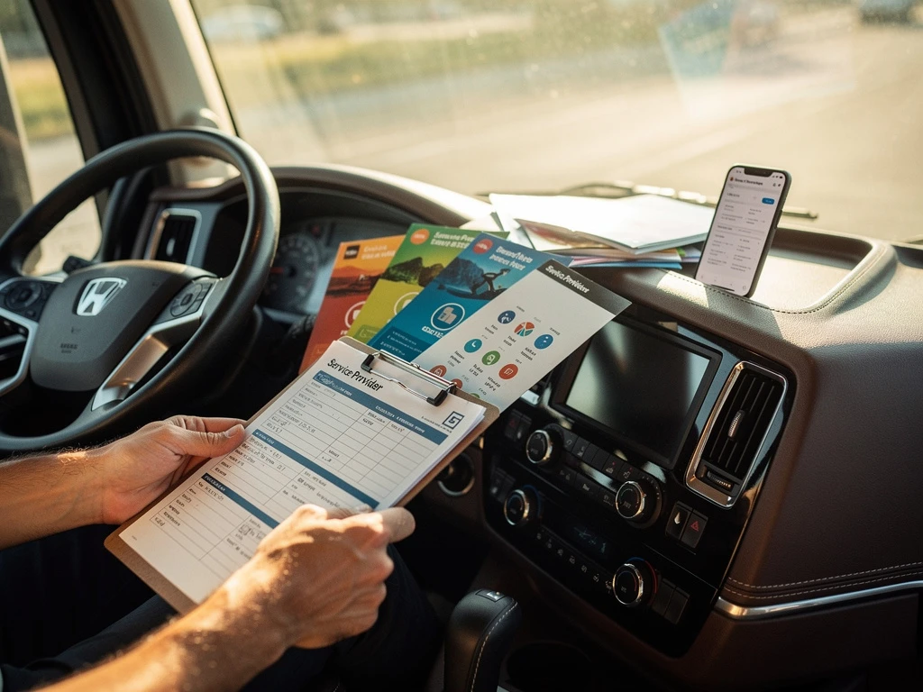 Vrachtwagenchauffeur houdt klembord met serviceprovider brochures vast in moderne truck cabine, smartphone toont vergelijkingsapp