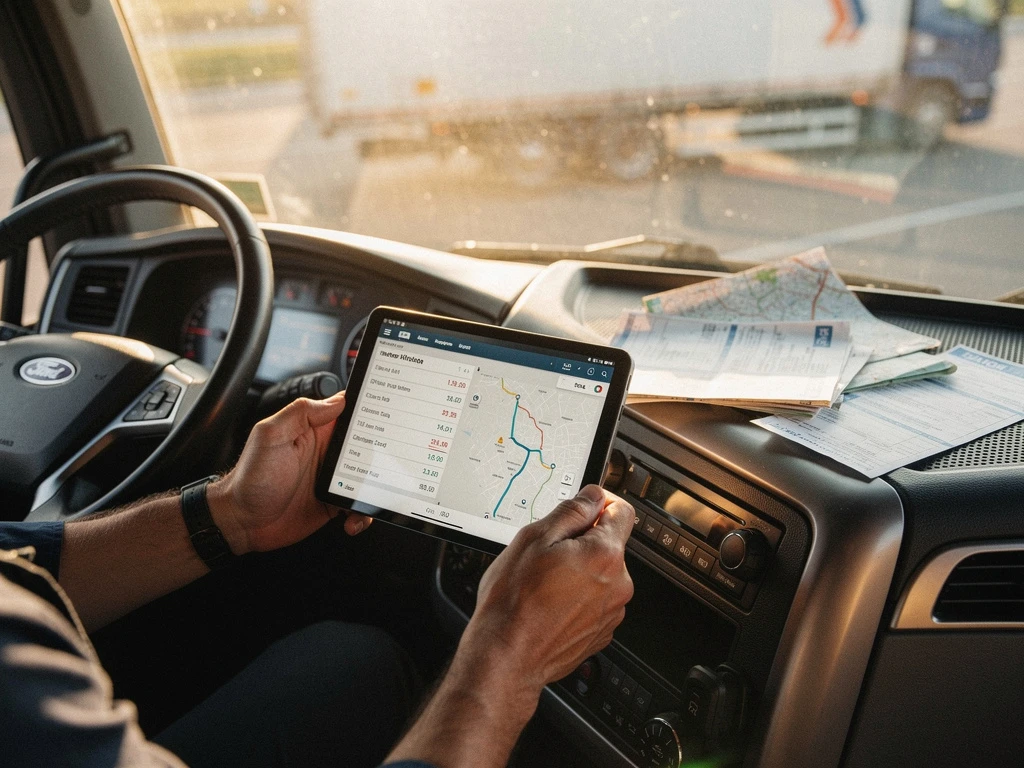 Vrachtwagenchauffeur houdt tablet met routeberekening vast in cabine van Europese vrachtwagen met tolpapieren op dashboard