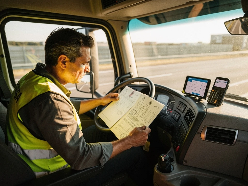 Vrachtwagenchauffeur in hesje controleert documenten in cabine met calculator en logistiek-app op dashboard