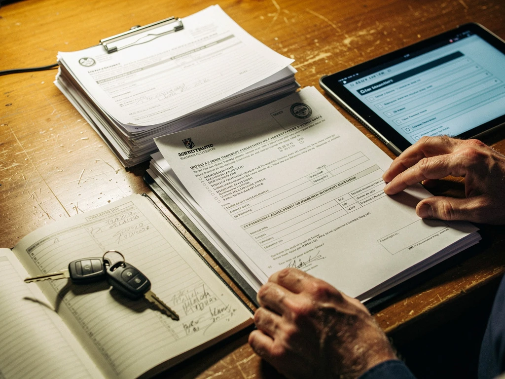 Vrachtwagenchauffeur organiseert essentiële documenten en formulieren op houten bureau met tablet en logboek