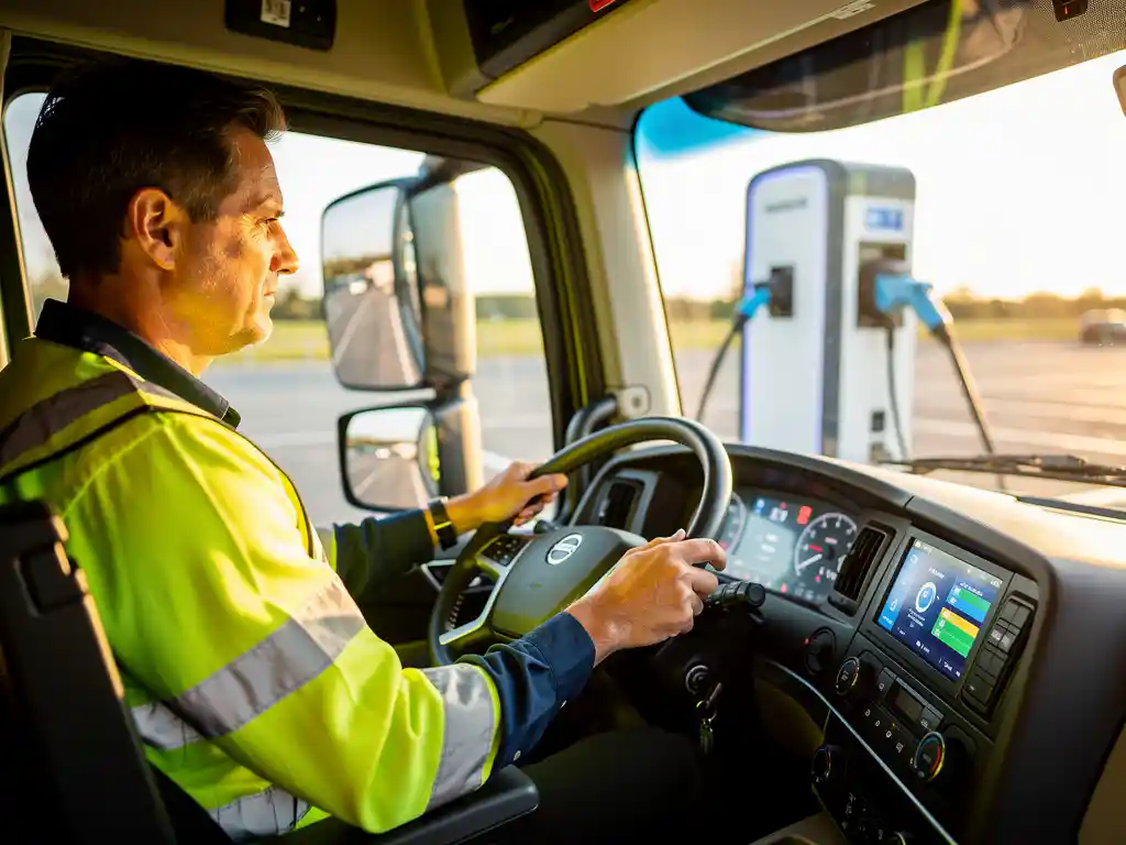 Professionele vrachtwagenchauffeur in veiligheidsvest bestudeert digitaal dashboard van elektrische truck bij laadstation
