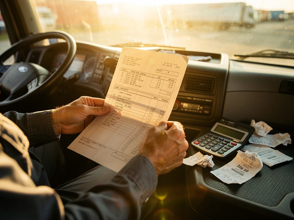 Vrachtwagenchauffeur houdt factuur vast in cabine met calculator en brandstofbonnen op dashboard in gouden zonlicht