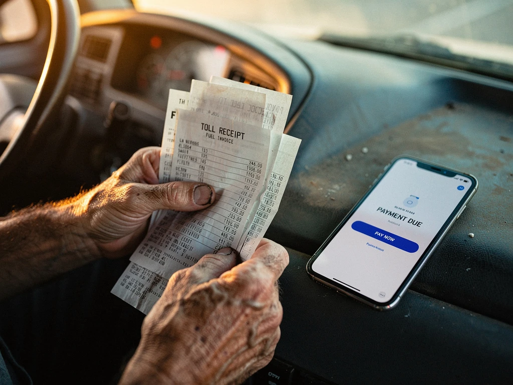 Vrachtwagenchauffeur houdt tolbonnen en facturen vast, smartphone met betaal-app op dashboard van vrachtwagencabine