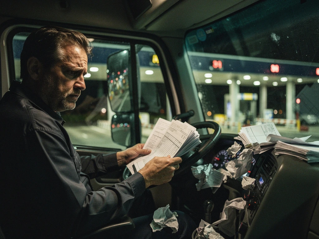 Gefrustreerde vrachtwagenchauffeur in cabine houdt stapel rekeningen vast, tolpoort op achtergrond, financiële zorgen