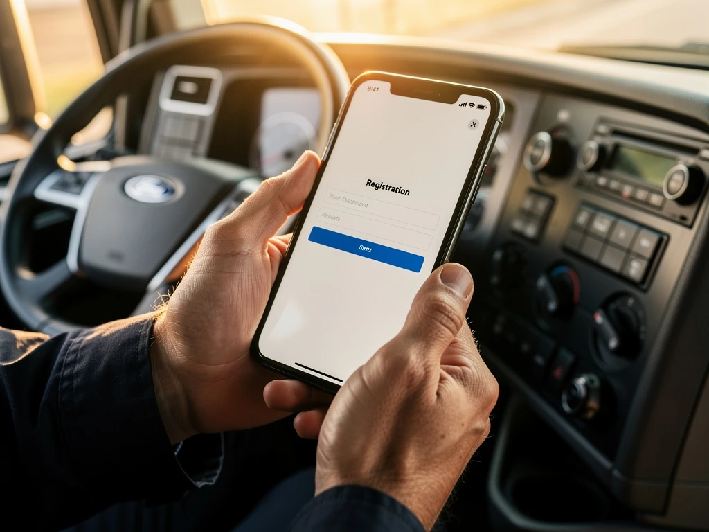 Vrachtwagenchauffeur houdt smartphone met registratieformulier vast in cabine van moderne vrachtwagen
