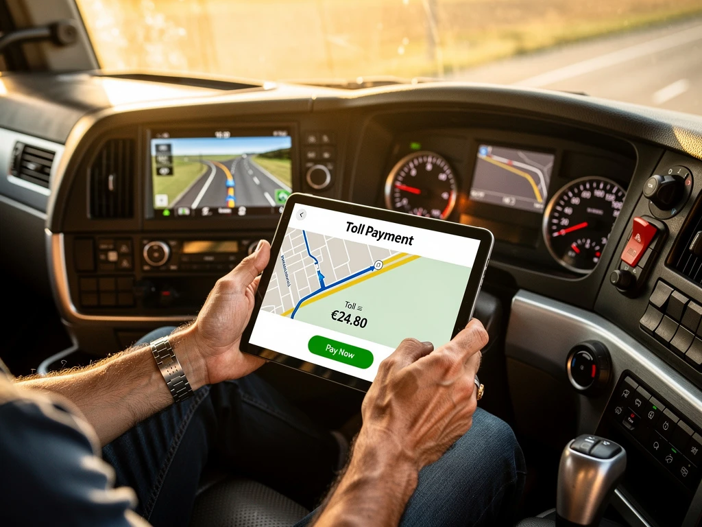 Vrachtwagenchauffeur houdt tablet vast met digitale tolbetaling-interface in cabine van Europese vrachtwagen