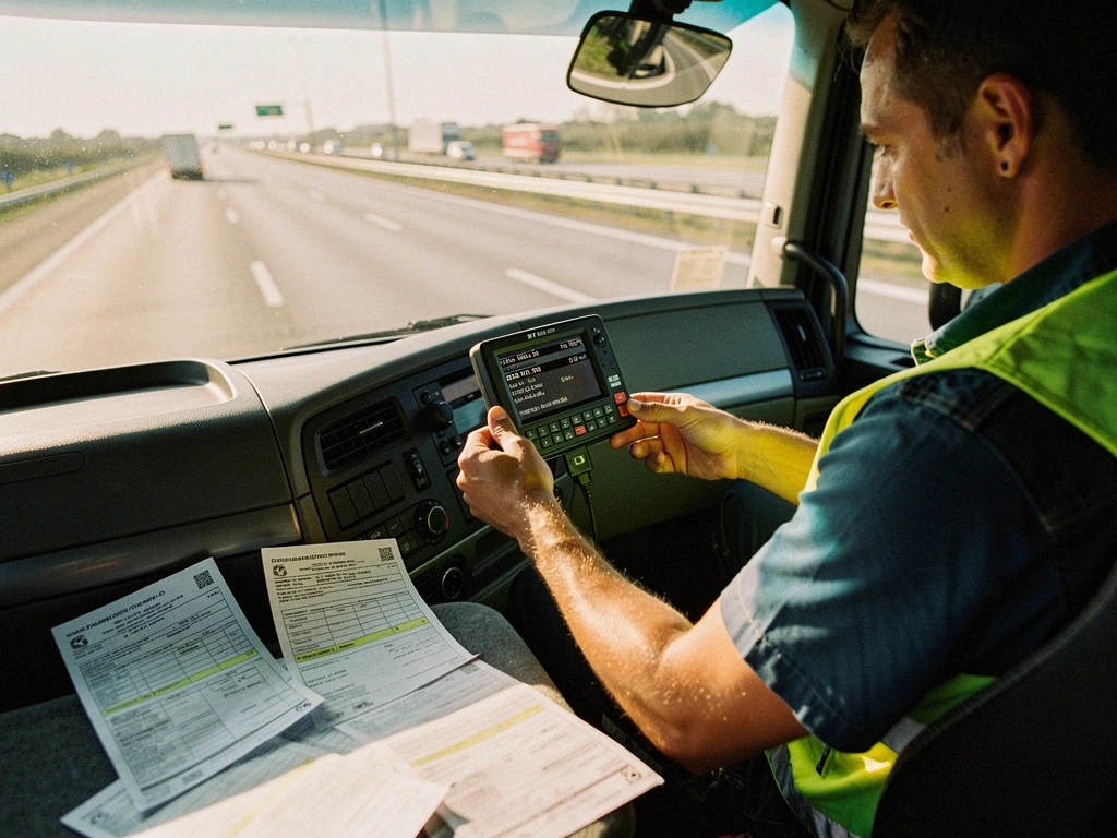 Vrachtwagenchauffeur in reflectievest controleert elektronisch tolsysteem op dashboard met tolpapieren en Europese snelweg