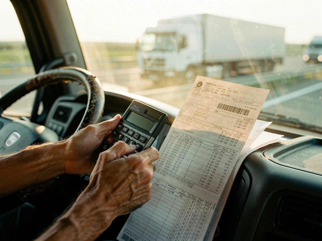 Professionele vrachtwagenchauffeur berekent tolkosten met calculator en documenten op dashboard in cabine