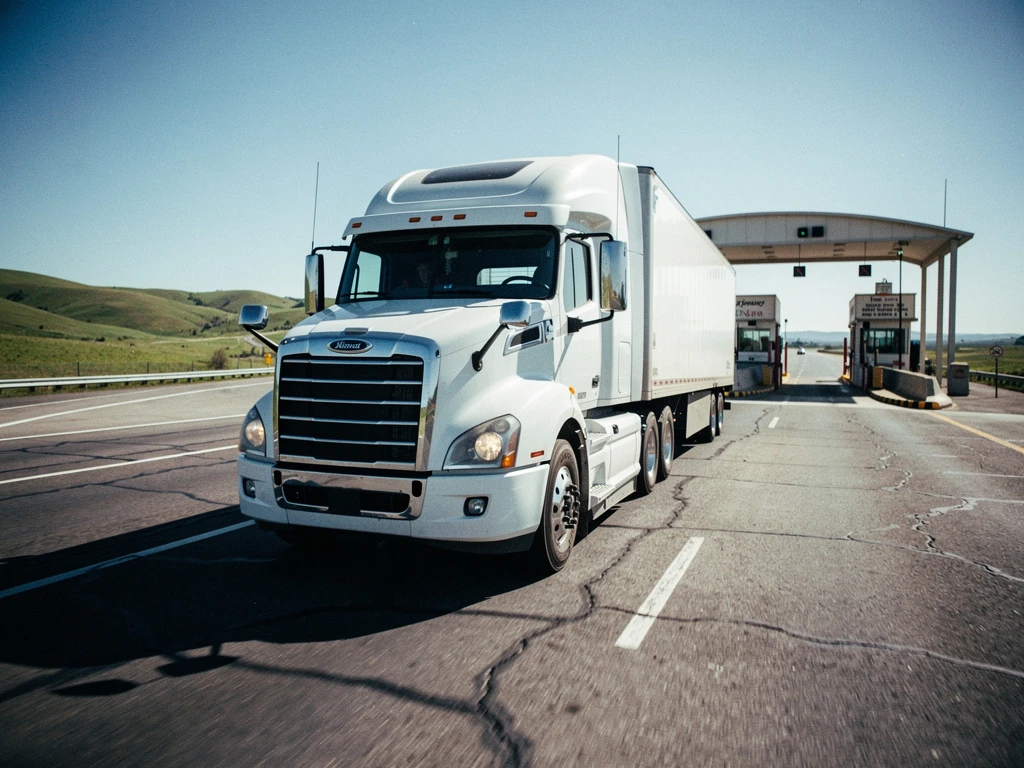 Witte vrachtwagen rijdt op snelweg langs lege tolpoort met heuvels op achtergrond in helder daglicht