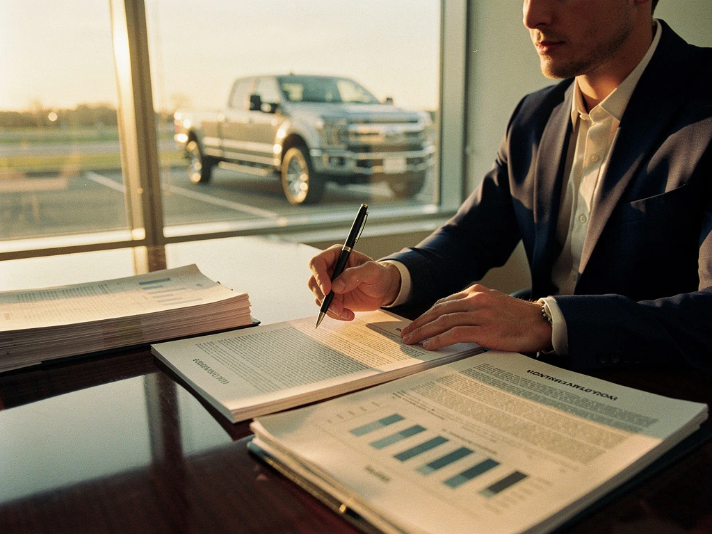 Zakelijke consultant in marineblauw pak bekijkt juridische documenten aan vergadertafel met vrachtwagen op achtergrond