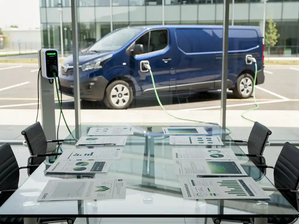 Elektrische bestelwagen aan laadstation met CSRD-compliance documenten en duurzaamheidsrapporten op glazen vergadertafel