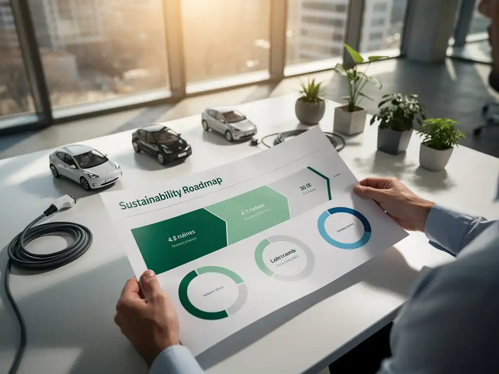 Vlootbeheerder houdt duurzaamheidsroadmap vast op bureau omringd door elektrische voertuigmodellen en groene planten