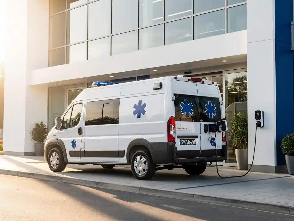 Witte elektrische ambulance met medisch kruis aangesloten op laadstation voor modern ziekenhuis in ochtendlicht