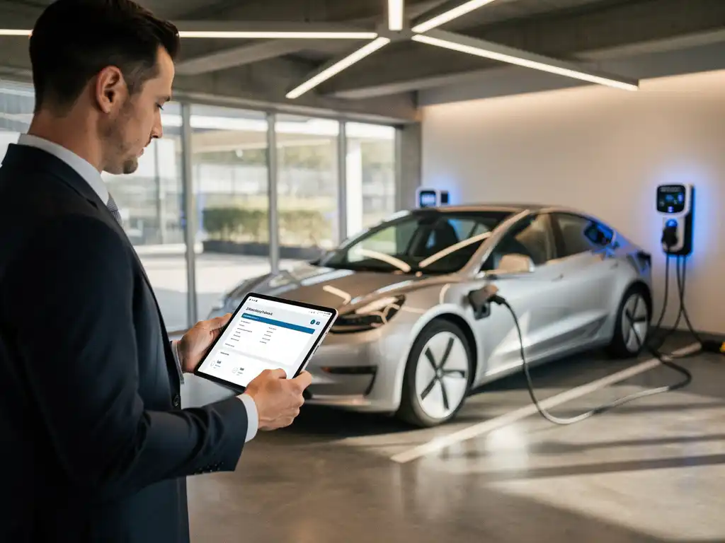 Professionele zakenvrouw met tablet bij zilveren elektrische auto aan laadstation in moderne bedrijfsgarage