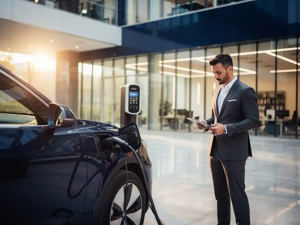 Elektrische auto laadt op bij moderne werkplek oplaadstation terwijl zakenpersoon mobiliteitsbeleid bekijkt op tablet