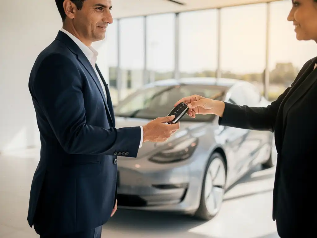 Professionele autodealer in donkerblauw pak overhandigt sleutels van zilveren elektrische auto in moderne showroom
