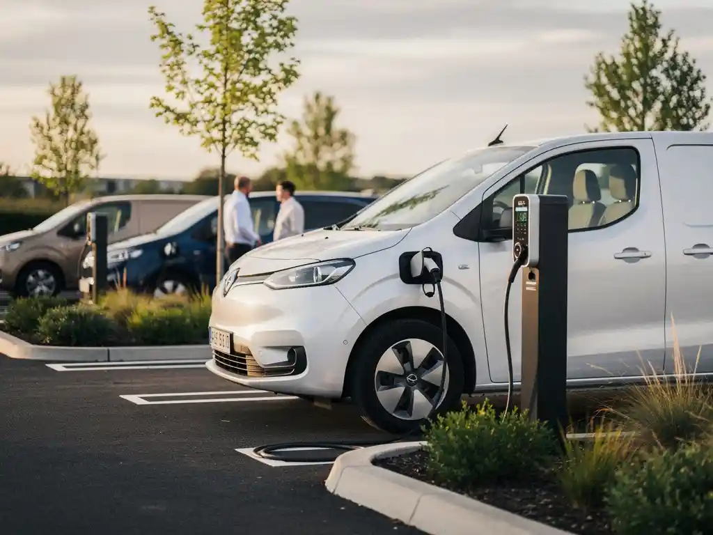Witte elektrische bestelwagen aangesloten op moderne laadpaal in bedrijfsparkeerplaats met andere voertuigen op achtergrond