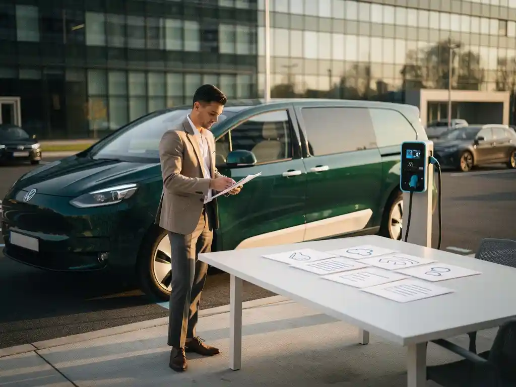 Elektrische bestelwagen bij moderne laadpaal met vlootbeheer consultant die documenten bestudeert in bedrijfsparkeerplaats