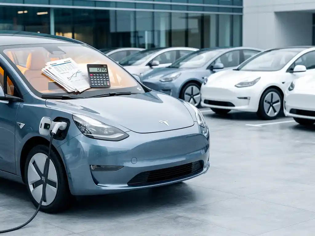 Elektrische bedrijfswagen met laadkabel aangesloten naast witte vlootvoertuigen, financiële documenten zichtbaar op dashboard