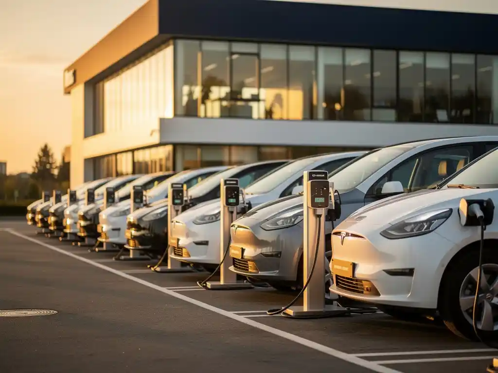 Rij elektrische bestelwagens en bedrijfswagens aangesloten op laadstations bij modern kantoorgebouw in ochtendlicht
