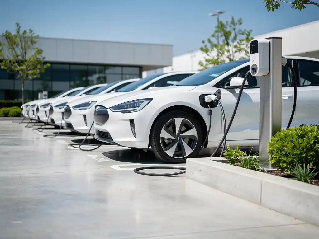 Witte elektrische bedrijfsvoertuigen aangesloten op moderne laadstations in symmetrische rij op bedrijfsparkeerplaats