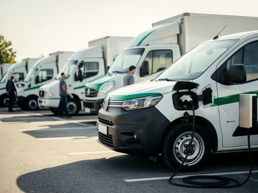 Elektrische bestelwagen met oplaadpoort op voorgrond van moderne bedrijfsparkeerplaats met diesel vrachtwagens op achtergrond