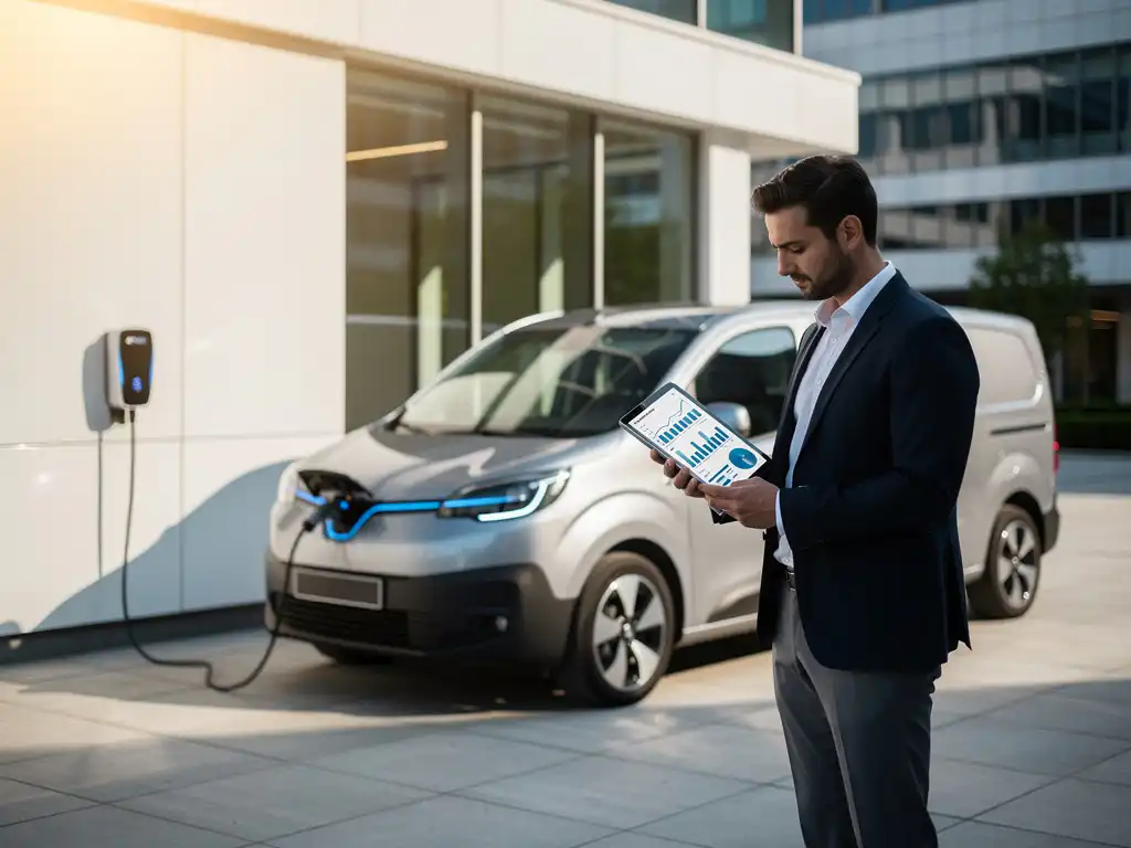 Elektrische bestelwagen bij laadstation naast modern kantoorgebouw, zakenanalyst bekijkt voertuiggebruiksgrafieken op tablet