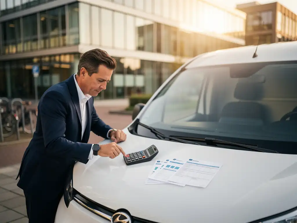 Witte elektrische bestelwagen geparkeerd voor glazen kantoorgebouwen met professional in marineblauw pak die belastingdocumenten bestudeert