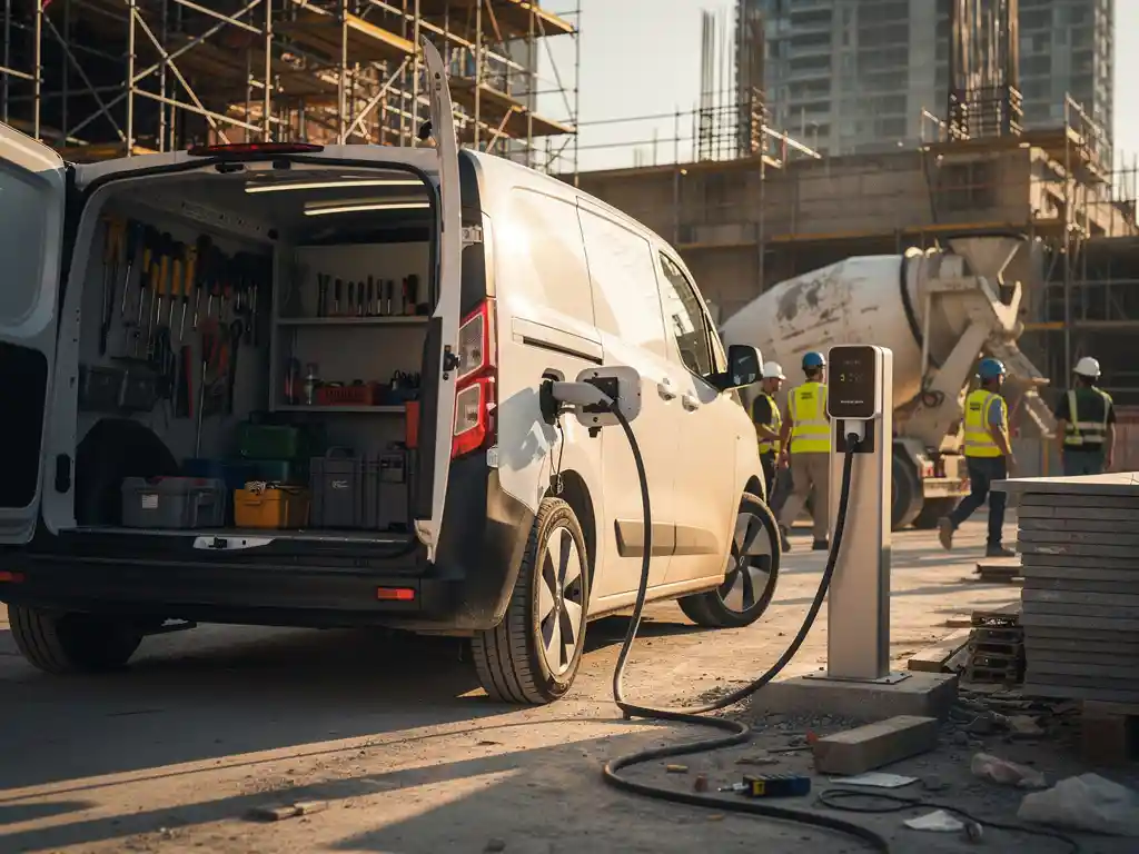 Witte elektrische bestelwagen met gereedschap laadt op bij laadstation op drukke bouwplaats met betonmixer en steigers