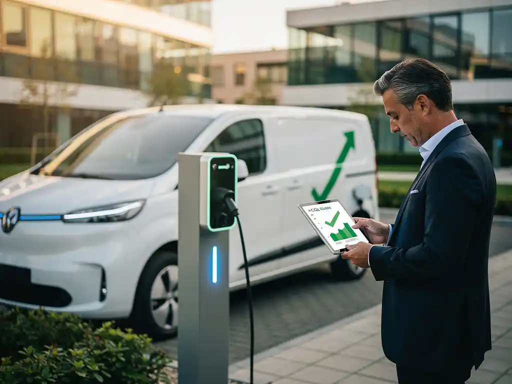 Elektrische bestelwagen bij laadstation met zakenman die CO2-emissiereductie grafieken bekijkt op tablet in modern bedrijvenpark