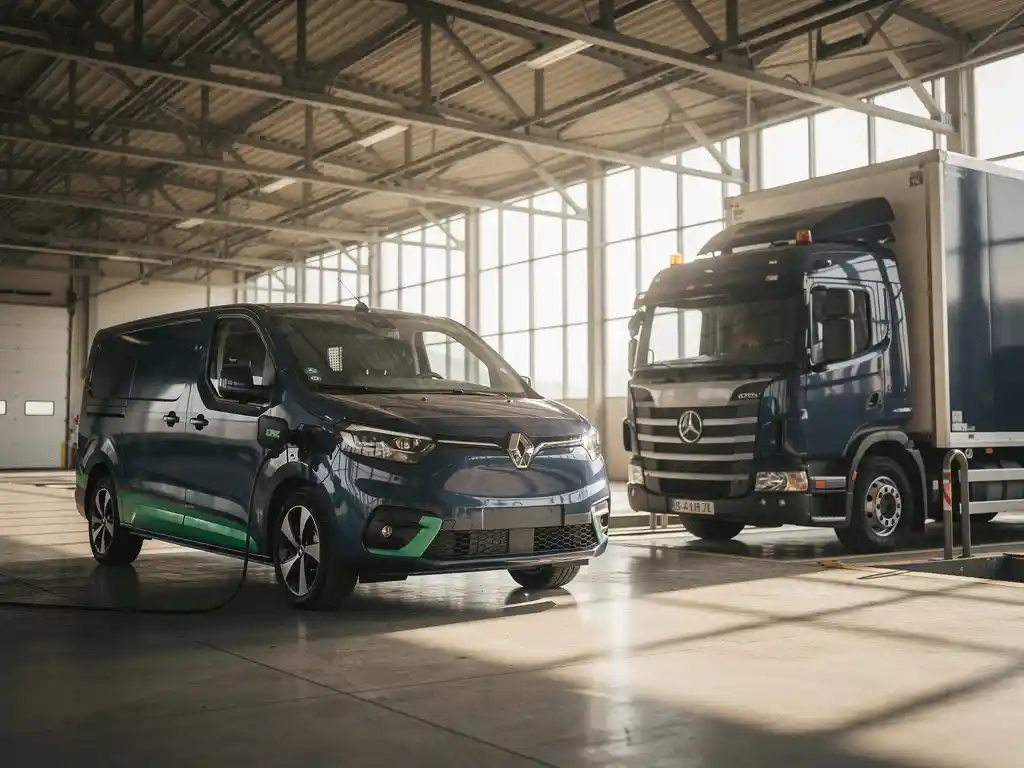 Moderne elektrische bestelwagen en traditionele dieseltruck geparkeerd bij laaddocks in Nederlandse logistieke faciliteit