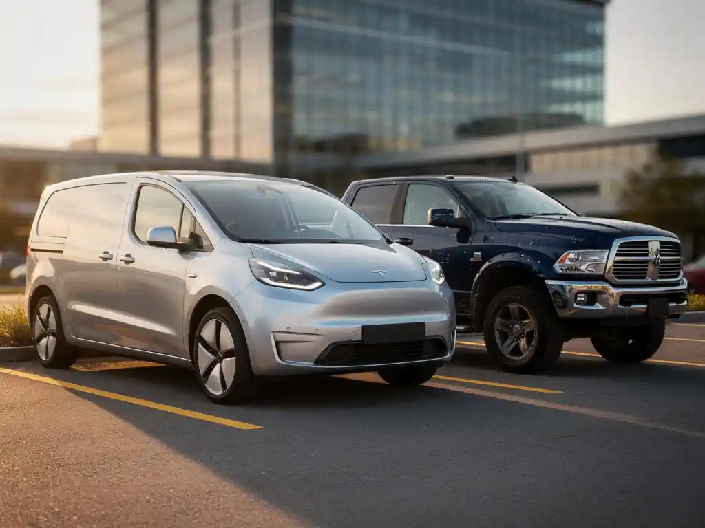 Elektrische bestelwagen en diesel vrachtwagen geparkeerd op bedrijfsparkeerplaats in gouden uurlicht