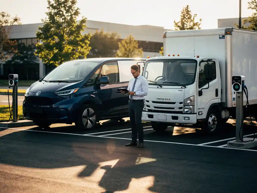 Elektrische bestelwagen en dieselvrachtwagen geparkeerd bij laadstations met vlootmanager die documenten bekijkt op tablet