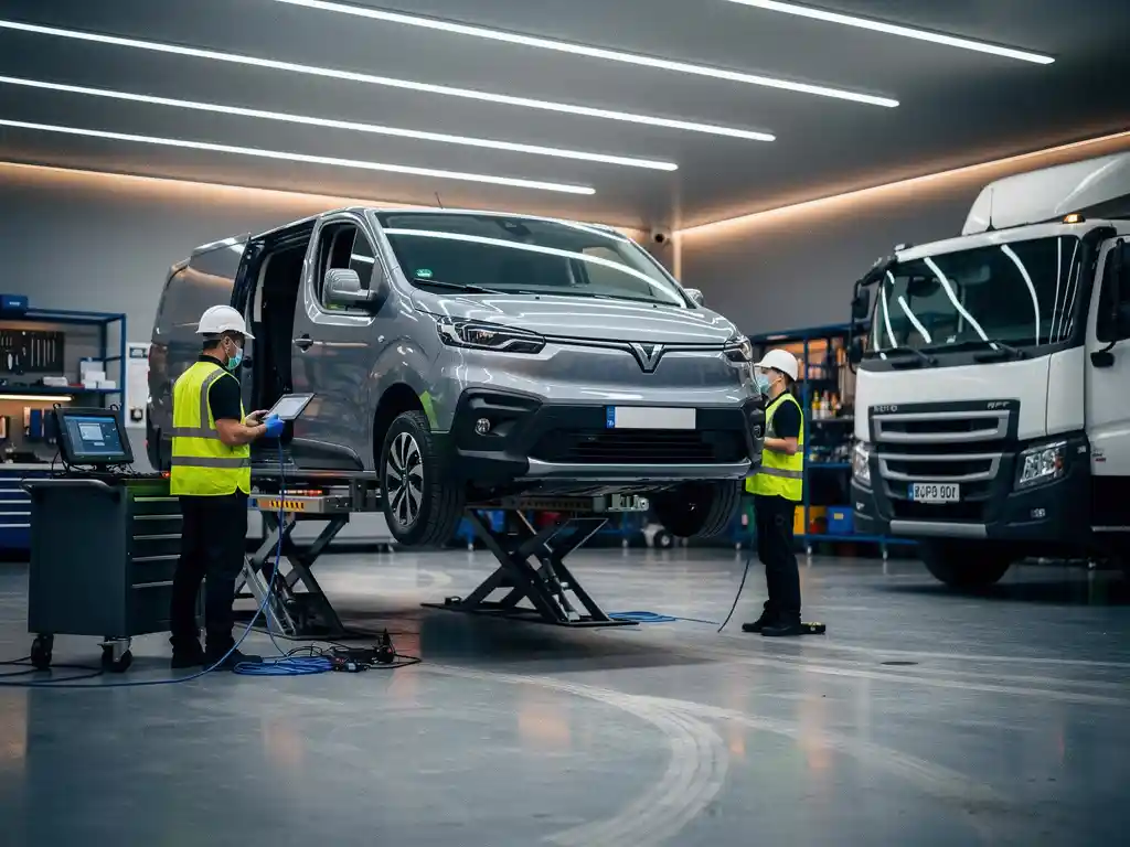 Elektrische bestelwagen op hydraulische lift in moderne werkplaats, naast diesel vrachtwagen, monteurs in veiligheidsvesten