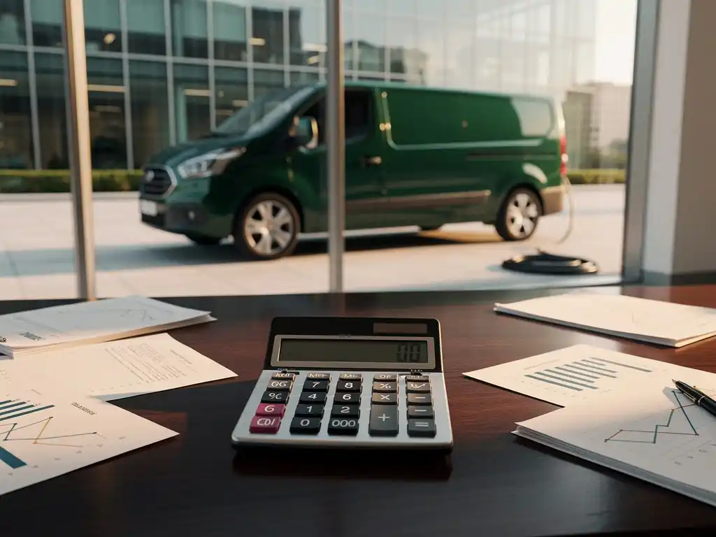 Elektrische bestelwagen naast modern kantoorgebouw met rekenmachine en financiële documenten op houten bureau