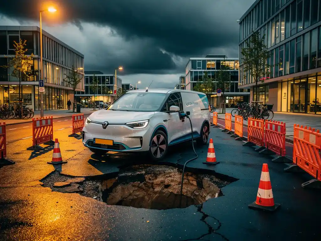 Elektrische bezorgbus vastgelopen in diepe kuil op Nederlandse bedrijfsstraat met bouwbarrières en oranje kegels