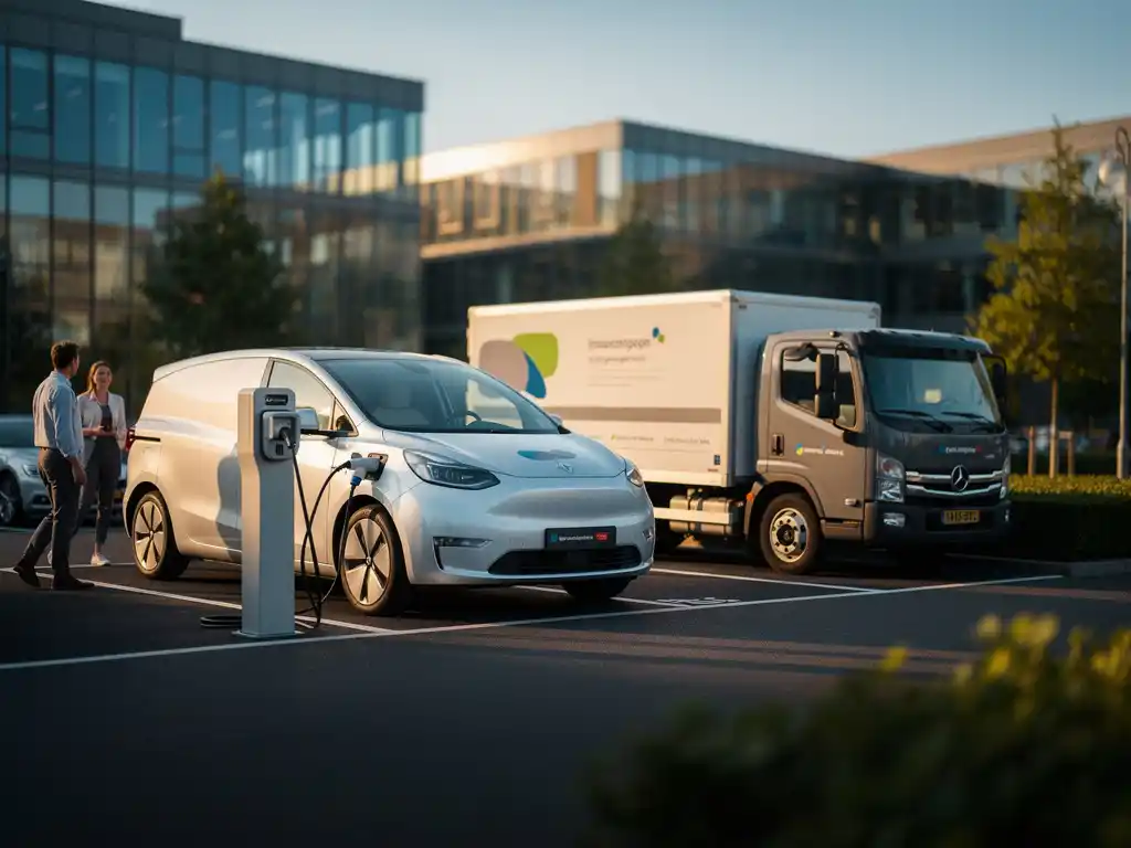 Witte elektrische bestelwagen aan laadstation naast traditionele dieseltruck op bedrijventerrein met glazen kantoorgebouwen