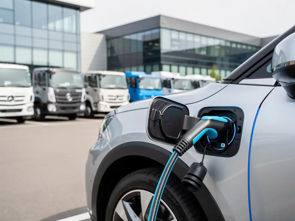 Elektrische bestelwagen aangesloten op moderne laadpaal bij bedrijfsterrein met traditionele vrachtwagens op achtergrond