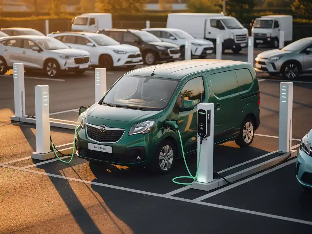 Elektrische bestelwagen aan moderne laadpaal met groene kabel, omringd door diverse elektrische voertuigen in bedrijfsparkeerterrein bij gouden uurtje