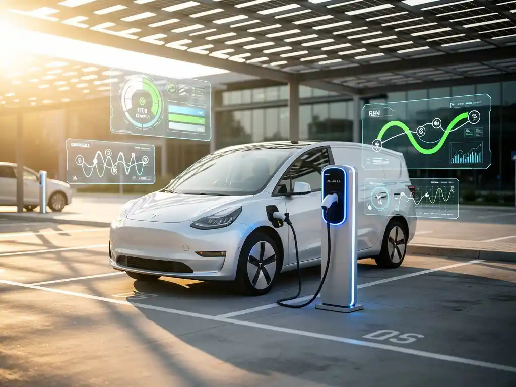 Elektrische bestelwagen aan laadstation met holografische data-visualisaties van batterijniveau en routeanalyses in moderne parkeergarage met zonnepanelen