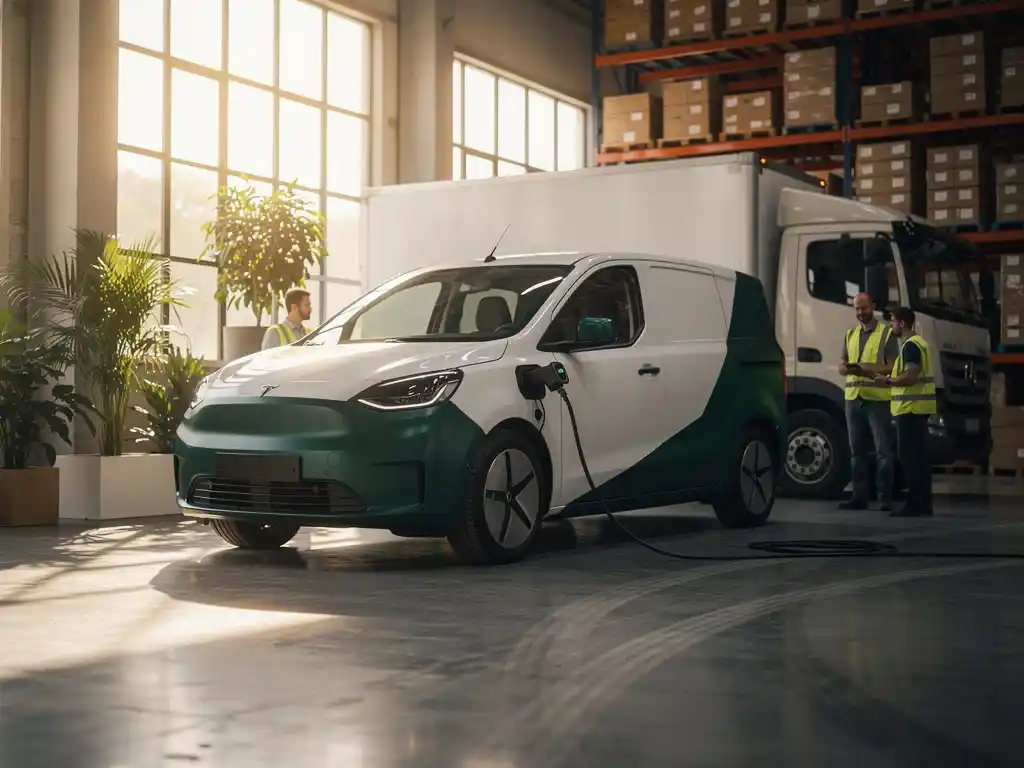 Elektrische bestelwagen laadt op naast dieseltruck in modern logistiek depot met ochtendlicht door industriële ramen