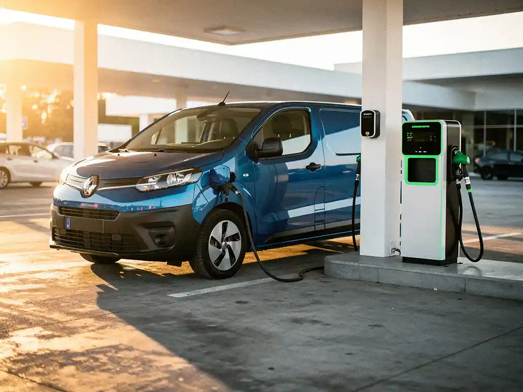 Elektrische bestelwagen aan moderne laadpaal naast traditionele brandstofpomp op tankstation in gouden middaglicht