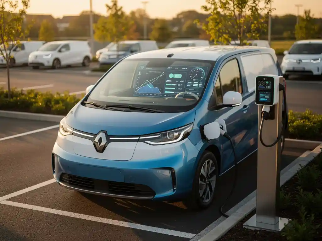 Elektrische bestelwagen bij laadstation met digitaal dashboard vol prestatiemetingen in gouden avondlicht