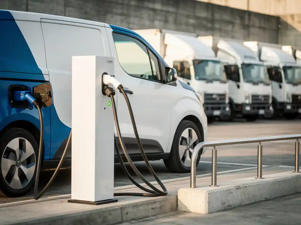 Elektrische bestelwagen aan moderne laadpaal met dieseltrucks op achtergrond, overgang van oude naar nieuwe vloot