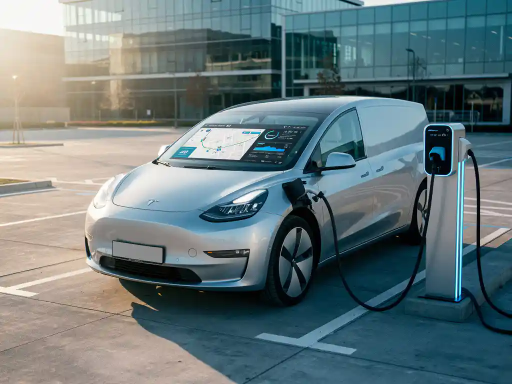 Elektrische bestelwagen aan laadstation met digitaal dashboard en energieverbruiksgegevens in moderne bedrijfsgarage