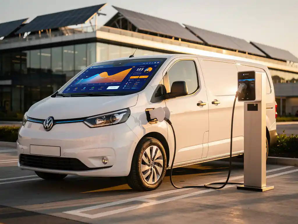 Elektrische bestelwagen bij laadstation met dashboard vol kleurrijke data-analytics en vlootbeheer grafieken op touchscreen
