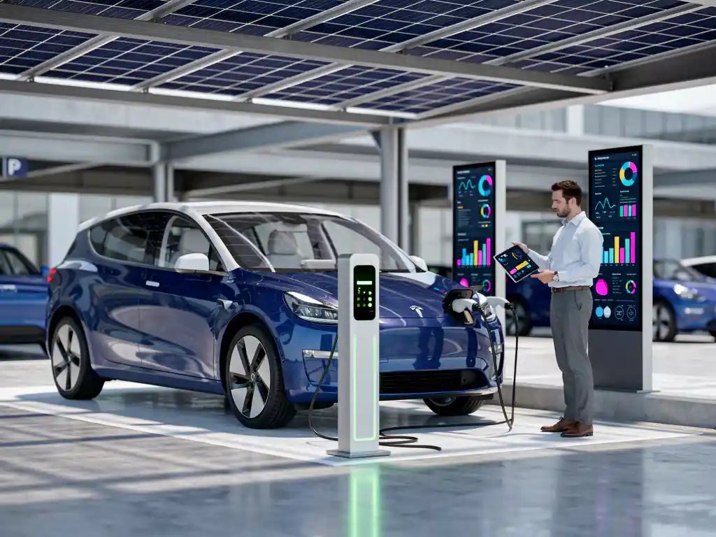 Elektrische bestelwagen bij moderne laadpaal met digitale displays, vlootmanager bekijkt tablet-analytics onder zonnepanelen